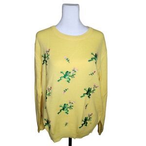 Vintage 80s Tree Frog Embroidered Sweater Womens Size L Yellow Novelty